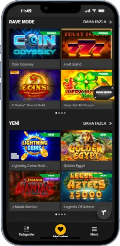 Slot oyunlarının listelendiği ve oynanmaya başlandığı ekran