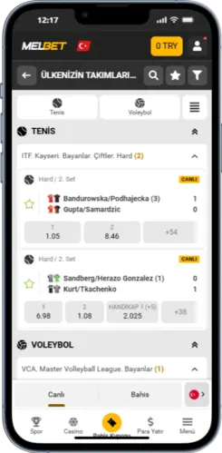 Melbet uygulamasında tenis ve voleybol maçları için canlı bahis ekranı